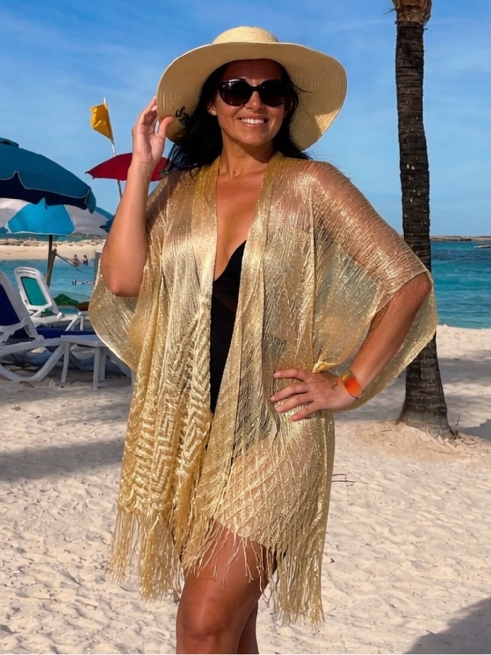 Gold Fringe Kimono Cover Up Boho Beach Swim Resort Shawl Festival